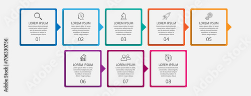 business infographic design 8 parts or steps containing icons, text and numbers, square shapes and thin colored lines that are interconnected, for workflow diagrams, banners and your business