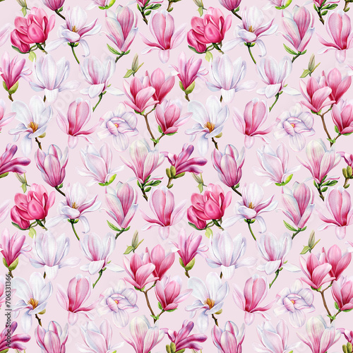 Spring magnolia flowers floral watercolor pink background Seamless pattern. Beautiful magnolia hand drawn illustration