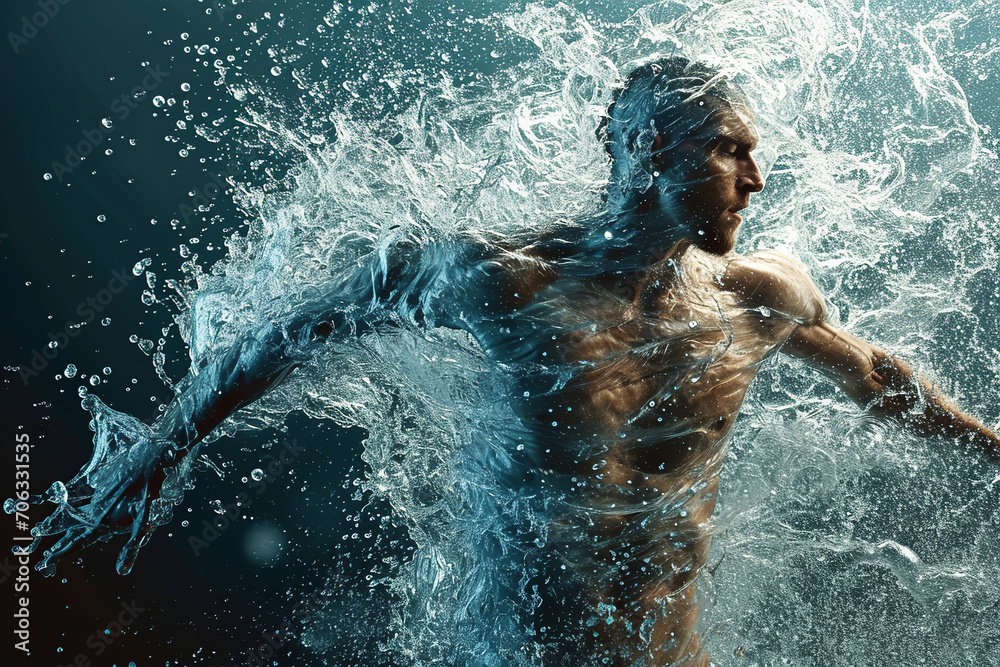 Athletic male figure surrounded by water, concept of strength, freedom, energy, freshness.