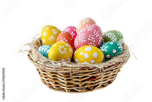 Colorful Painted Easter Eggs in a Basket isolated on transparent background