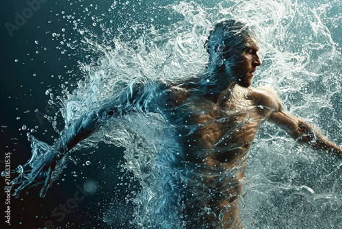 Athletic male figure surrounded by water, concept of strength, freedom, energy, freshness. © zgurski1980