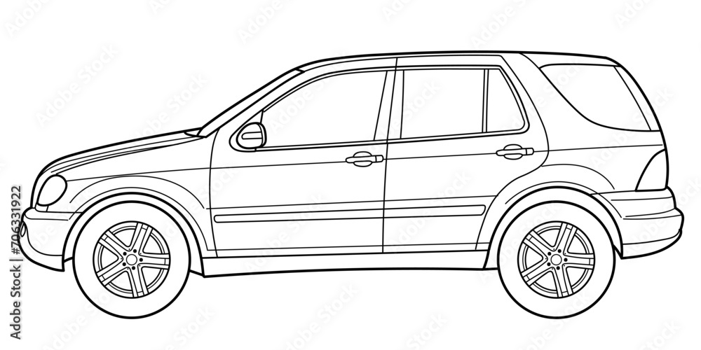 Classic luxury suv car. Crossover car front view shot. Outline doodle vector illustration. Design for print, coloring book	
