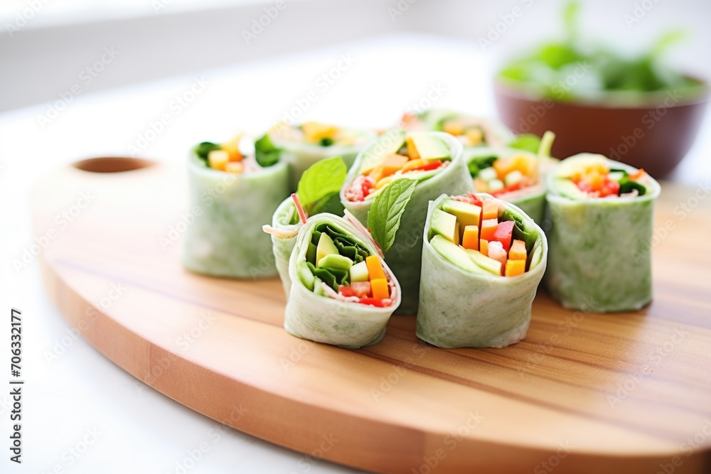 row of cucumber and bell pepper wraps on a wooden platter row of cucumber and bell pepper wraps on a wooden platter