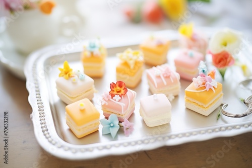 a tray of frosted petit fours with delicate decorations photo