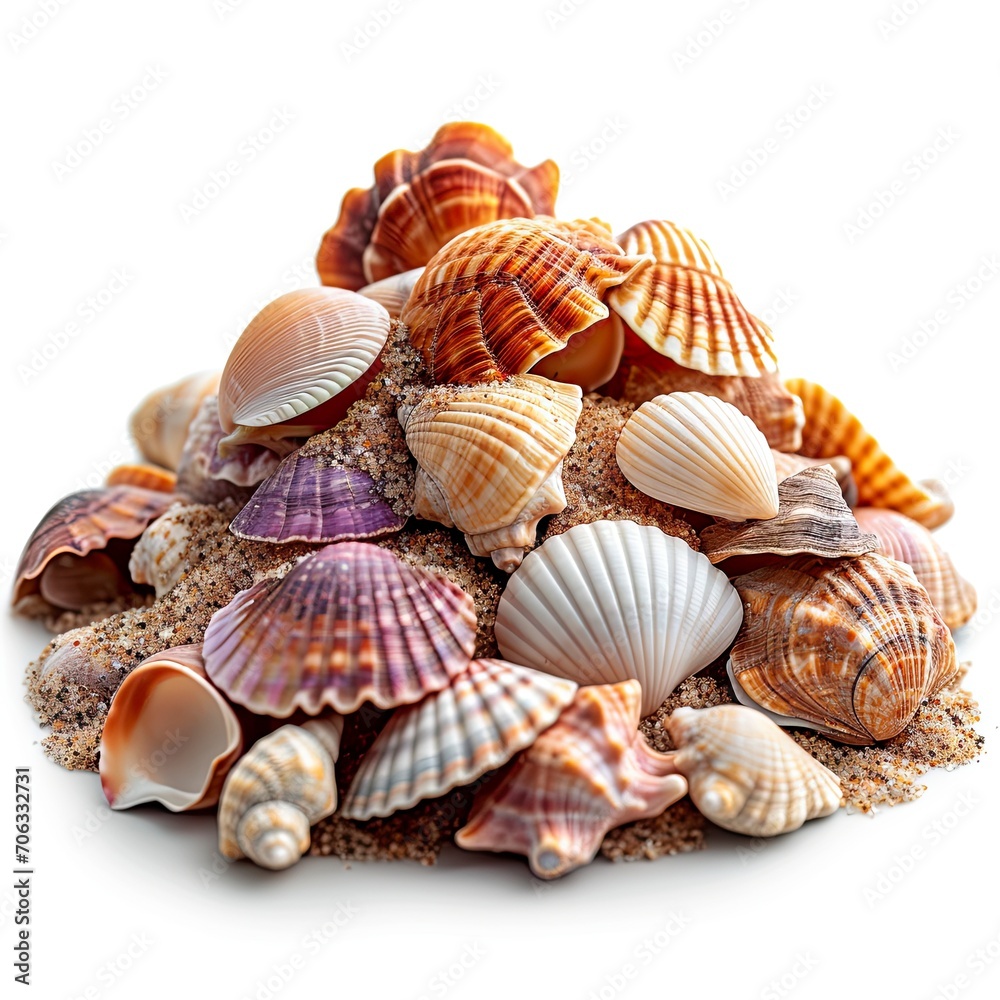 Sea Shells Sand Pile, White Background, Illustrations Images
