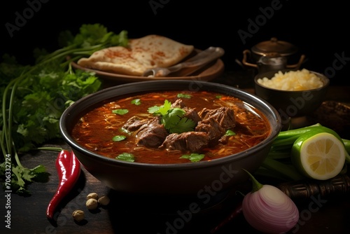 Delectable nihari, a slow-cooked stew, featuring tender meat and aromatic spices,