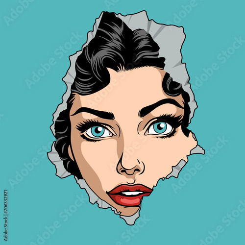 Surprised young attractive woman peeks through a hole made in wall or paper, vector illustration in vintage pop art comic style