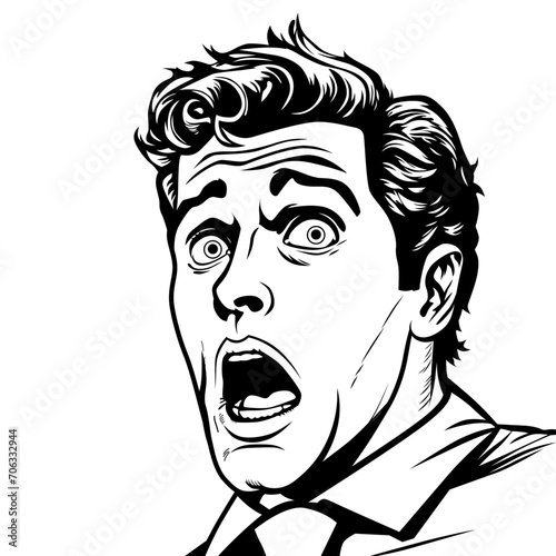 Shocked man with wide open eyes and open mouth, vector illustration in retro pop art comic style, black and white outline