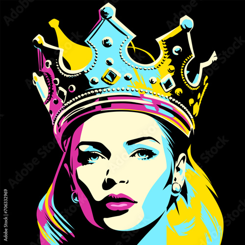 Queen. Young attractive blonde woman wearing golden crown encrusted with precious stones, vector illustration in vintage pop art style
