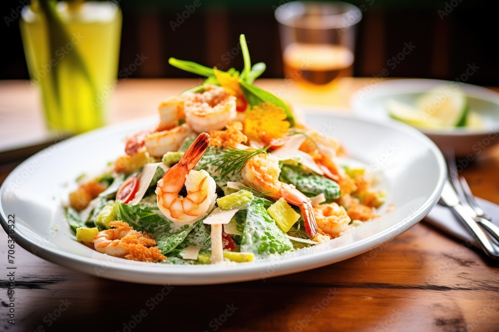 gourmet caesar salad with shrimp and avocado slices