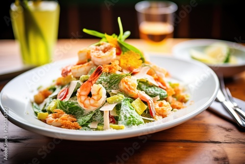 gourmet caesar salad with shrimp and avocado slices