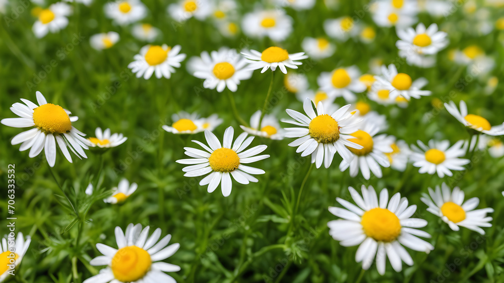 German chamomile flower wallpaper, Medicine plant wallpaper, Closed of Chamomile garden-field little yellowish-white flowers commonly called German chamomile daisy. One of the popular herbs.