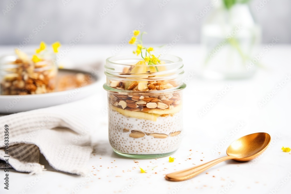 chia pudding with banana slices and almond slivers chia pudding with banana slices and almond slivers