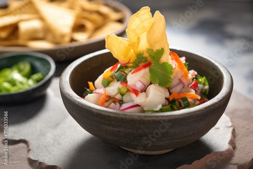 mexican-style ceviche in a volcanic stone bowl with tortilla chips photo