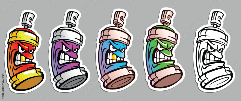 Cartoon, angry spray paint. Set of different colors of paints. Vector graphics.