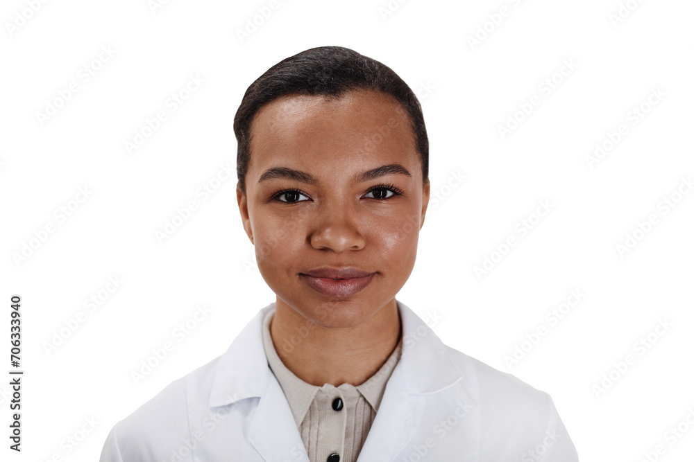 Portrait shot of friendly young Black woman wearing lab coat looking at camera isolated on white background Portrait shot of friendly young Black woman wearing lab coat looking at camera isolated on white background