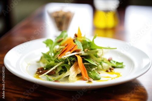 drizzled vinaigrette over roasted squash, mixed lettuce, pine nuts, shaved carrots photo