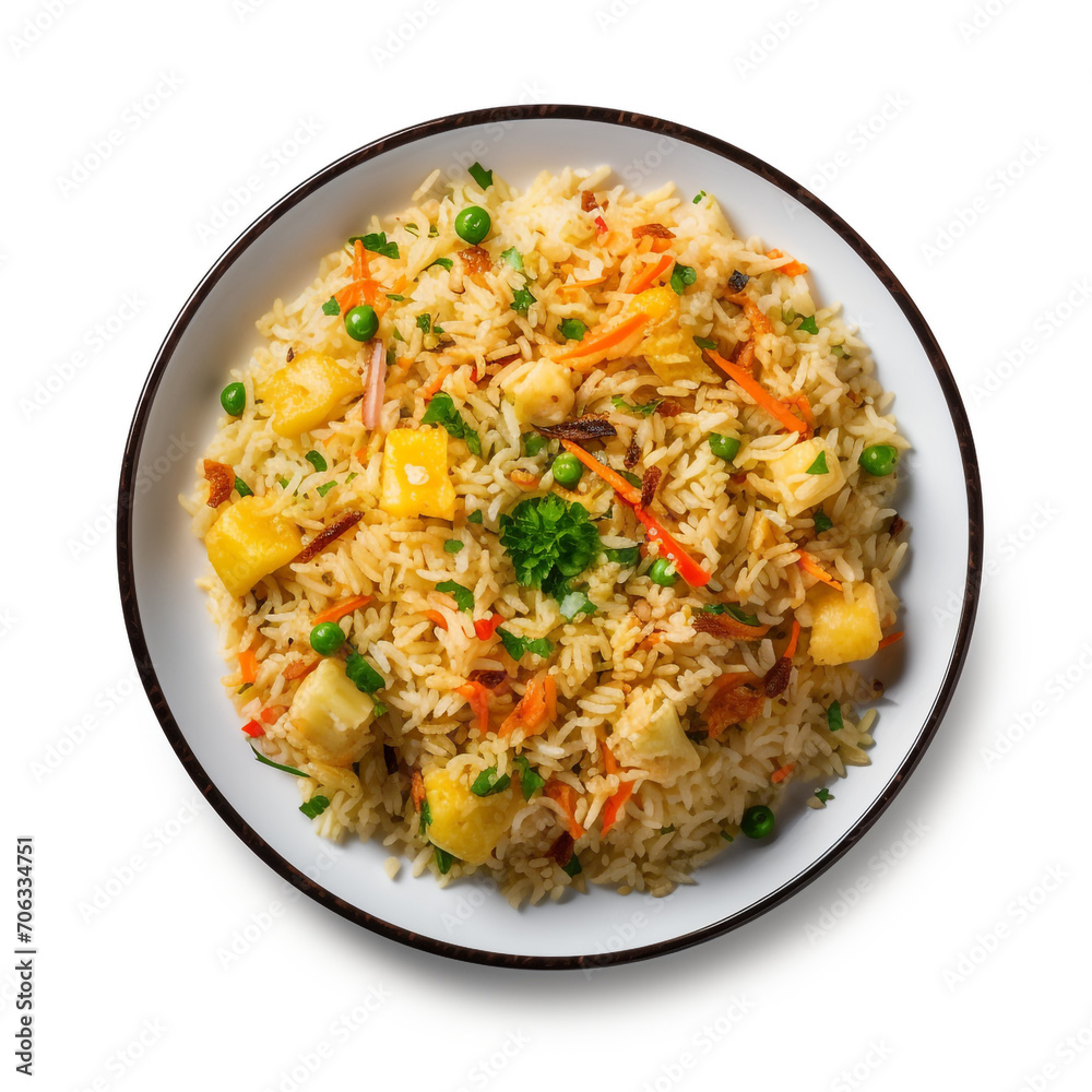 top view photography of a plate of fried rice isolated on a transparent background created with Generative Ai top view photography of a plate of fried rice isolated on a transparent background created with Generative Ai