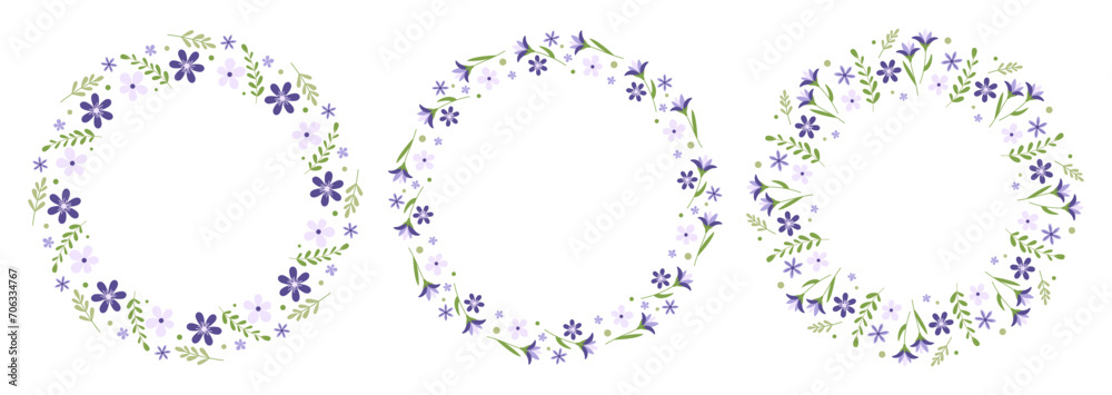 Set of spring wreath. Floral round frames. Decorative elements for greeting card, invitation, banner,  sale, scrapbooking. Vector illustration. 