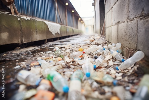 empty plastic bottles and debris in a dry canal bed