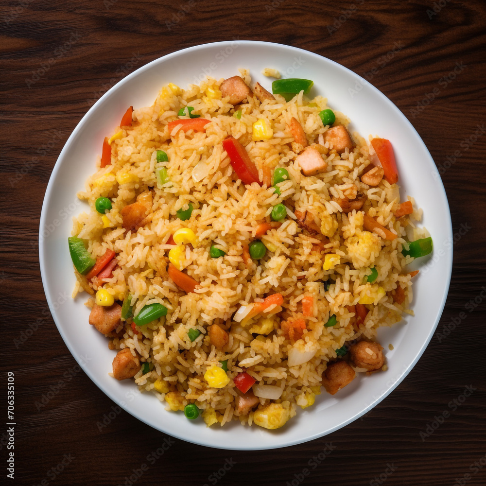 top view photography of a plate of fried rice isolated on a transparent background created with Generative Ai top view photography of a plate of fried rice isolated on a transparent background created with Generative Ai