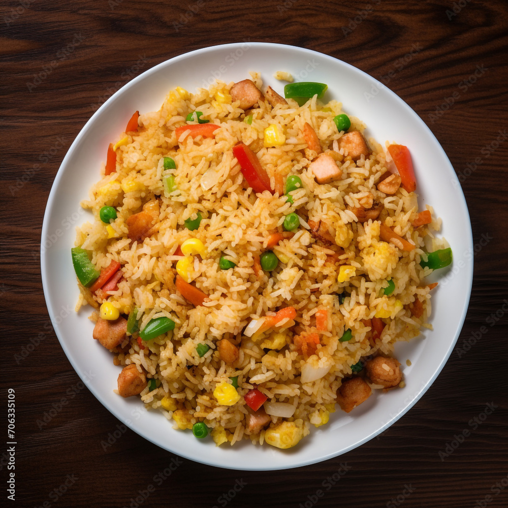 top view photography of a plate of fried rice isolated on a transparent background created with Generative Ai