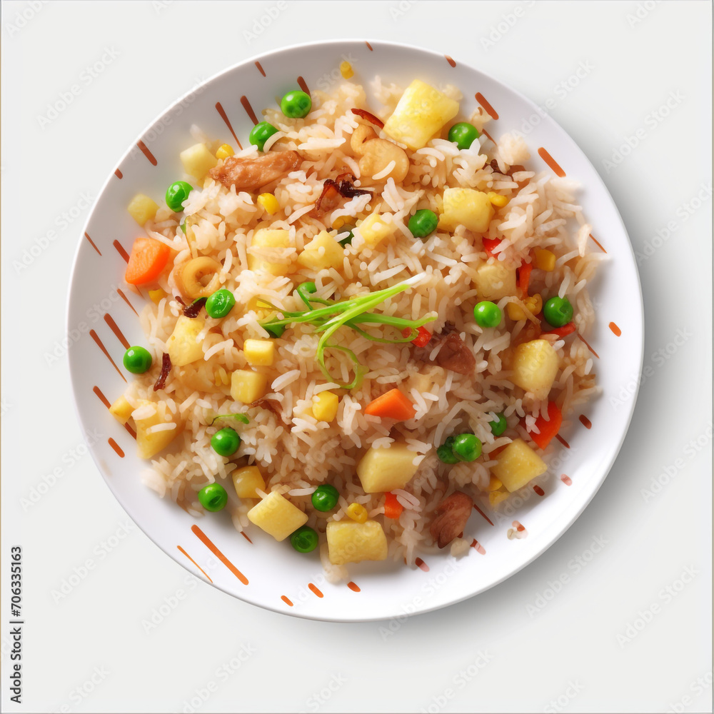 top view photography of a plate of fried rice isolated on a transparent background created with Generative Ai