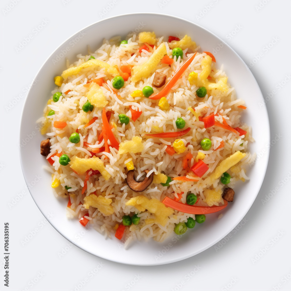 top view photography of a plate of fried rice isolated on a transparent background created with Generative Ai