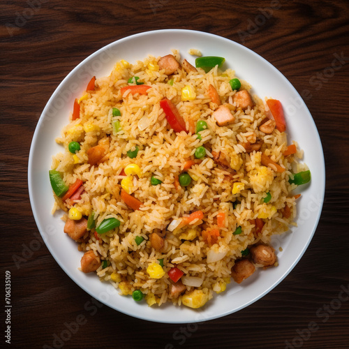 top view photography of a plate of fried rice isolated on a transparent background created with Generative Ai