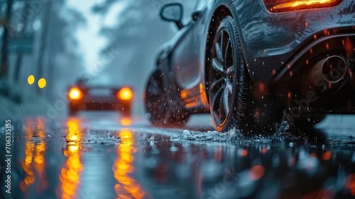 Rainy Road Aquaplaning. Experience of Rear Car Wheel Slipping on Wet Surface 