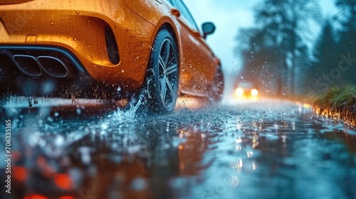 Rainy Road Aquaplaning. Experience of Rear Car Wheel Slipping on Wet Surface
