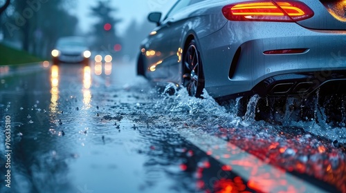 Rainy Road Aquaplaning. Experience of Rear Car Wheel Slipping on Wet Surface
