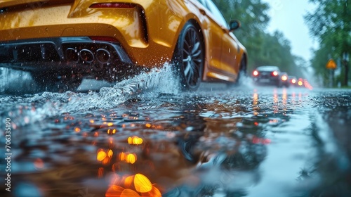 Rainy Road Aquaplaning. Experience of Rear Car Wheel Slipping on Wet Surface
