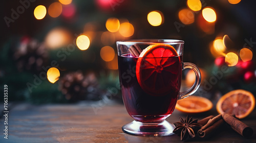 Close up photography of mulled vine in glass with cinnamon spices, orange and christmas background
