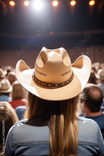A fan of country music attends a concert in a cowboy hat