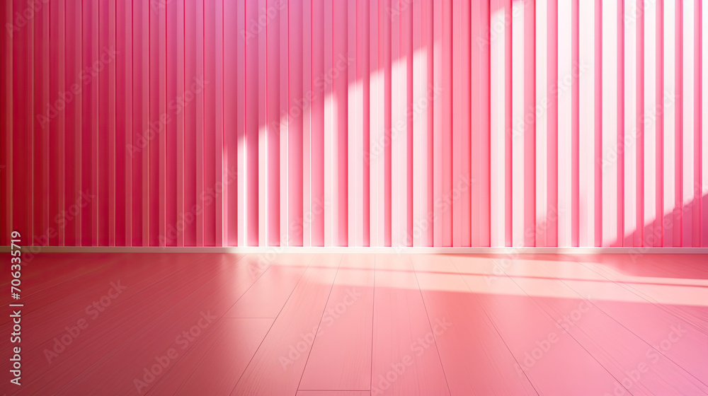 empty room with pink wall , wooden floor and spotlight,pink corrugated wall background with shadow sunlight. A bright pink room with a warm wooden floor and modern vertical blinds. empty room with pink wall , wooden floor and spotlight,pink corrugated wall background with shadow sunlight. A bright pink room with a warm wooden floor and modern vertical blinds.