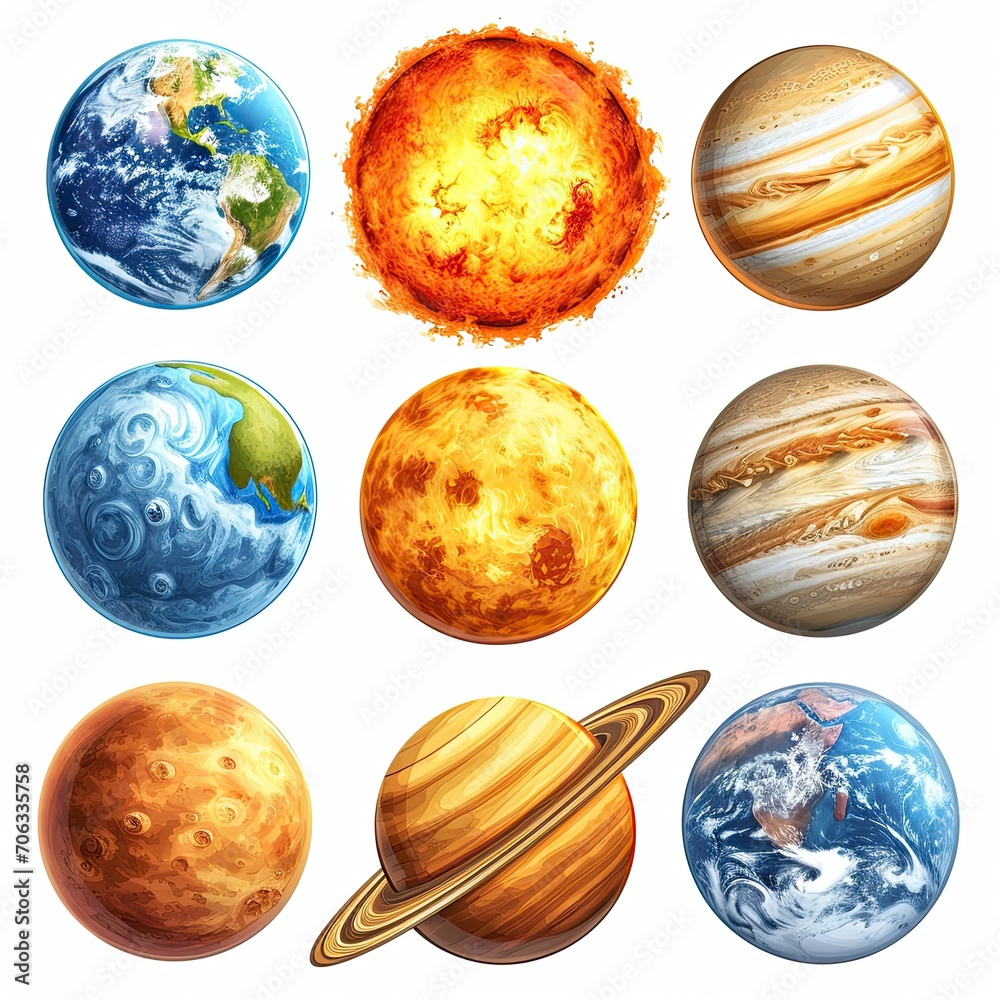 Solar System Consists Sun Mercury Venus, White Background, Illustrations Images
