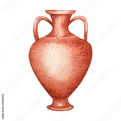 Ancient Greece Pottery watercolor Antique Greek vases terracotta jug. Old clay amphora, pot, urn, jar for wine, olive oil. Vintage ceramic icon isolated Png illustration on transpsrent background photo