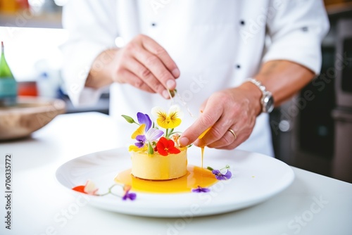 chef garnishing flan with edible flowers in the kitchen