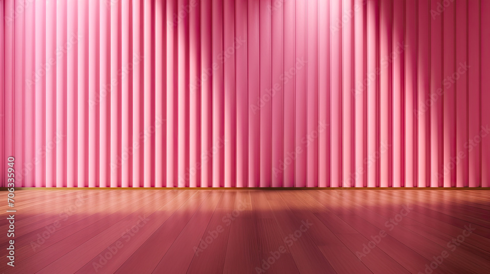 empty room with pink wall , wooden floor and spotlight,pink corrugated wall background with shadow sunlight. A bright pink room with a warm wooden floor and modern vertical blinds. 