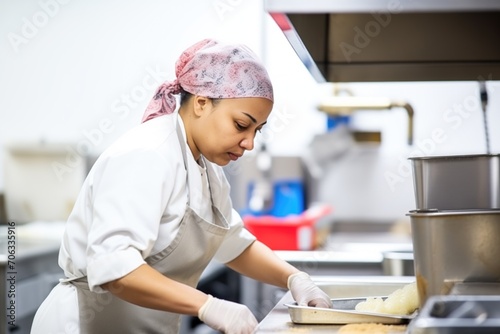 employee with hairnet preparing food on stainless counter