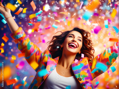 Triumphant Euphoria: Joyful Woman Celebrates Big Win on a Bright Festive Background. generative AI