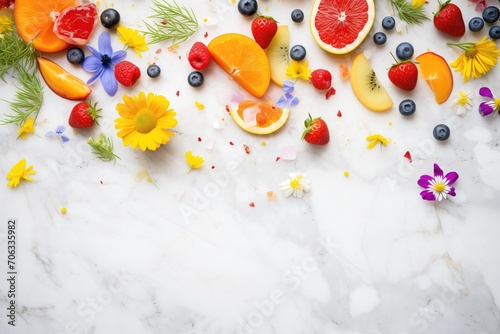 seasonal fruits with edible flowers on a marble surface