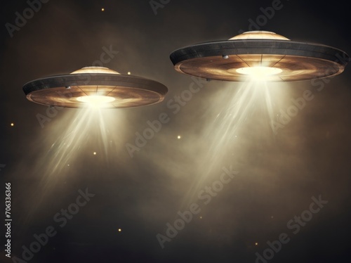 Illustration of a vintage photo of a UFO (unidentified flying object) flying at night