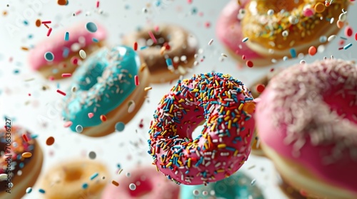A delicious assortment of donuts with colorful sprinkles. Perfect for bakery promotions or sweet treat concepts