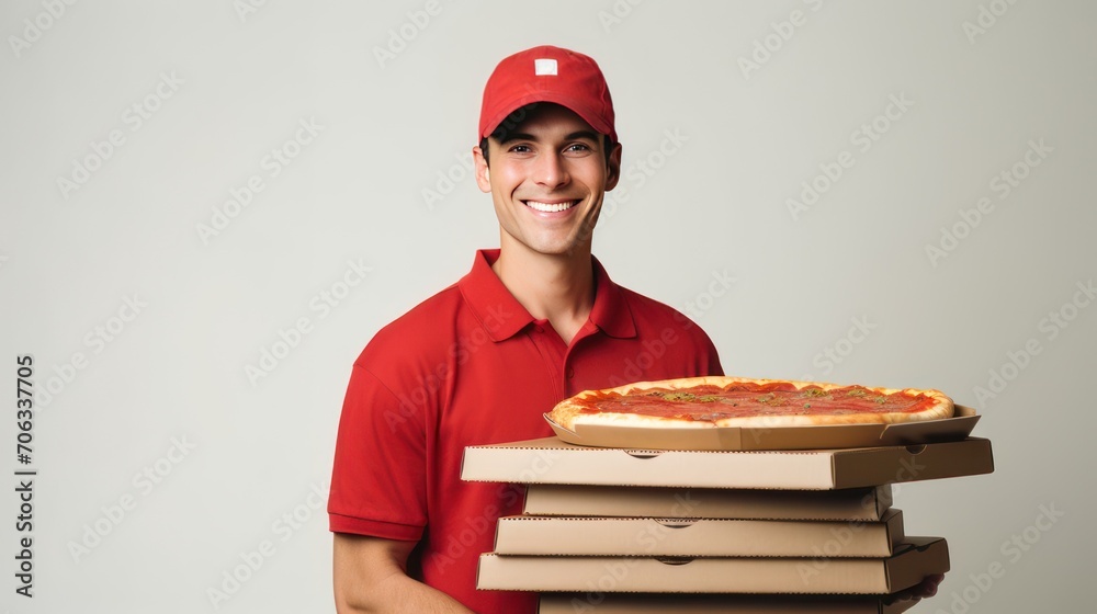 A courier man brings junk food pizza cardboard packaging, wearing a red uniform and hat. A courier man brings junk food pizza cardboard packaging, wearing a red uniform and hat.