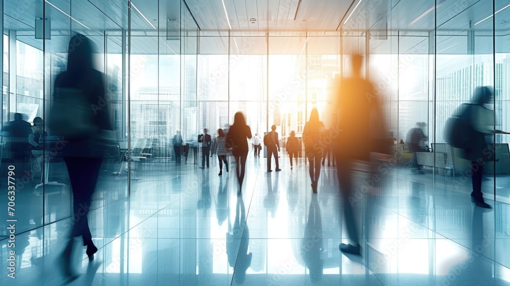 A group of people walking through a lobby. Motion blur, blurred unrecognizable people, commuters. A group of people walking through a lobby. Motion blur, blurred unrecognizable people, commuters.