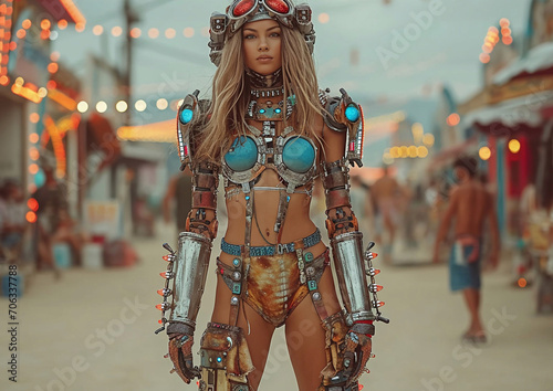 Attractive woman on burning man annual desert festival wearing wild crazy cyberpunk outfit.Macro.AI Generative. photo