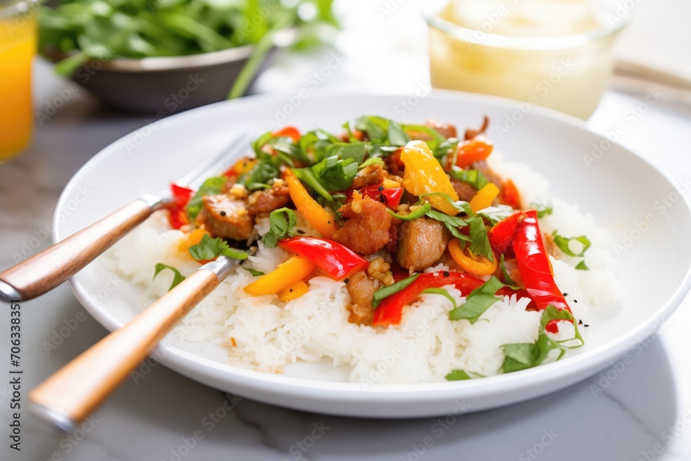 sausage and peppers topping a bed of fluffy rice