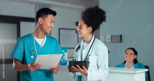 Doctor, hospital and chart for discussion, colleague and tablet for consultation, medical data and cure. Healthcare, collaboration or work in clinic, man and woman with patient update, help or advice